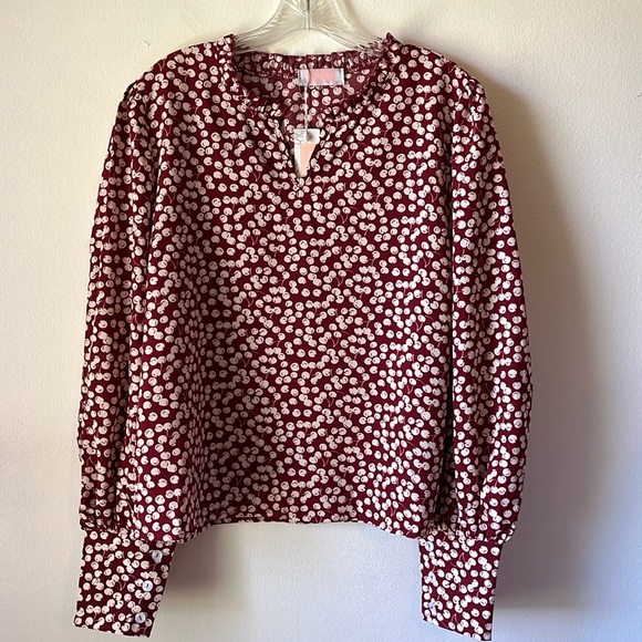 C+D+M Collection Cherry Print Flowy Blouse Balloon Sleeves Ruffle Split Neck - Picture 2 of 16